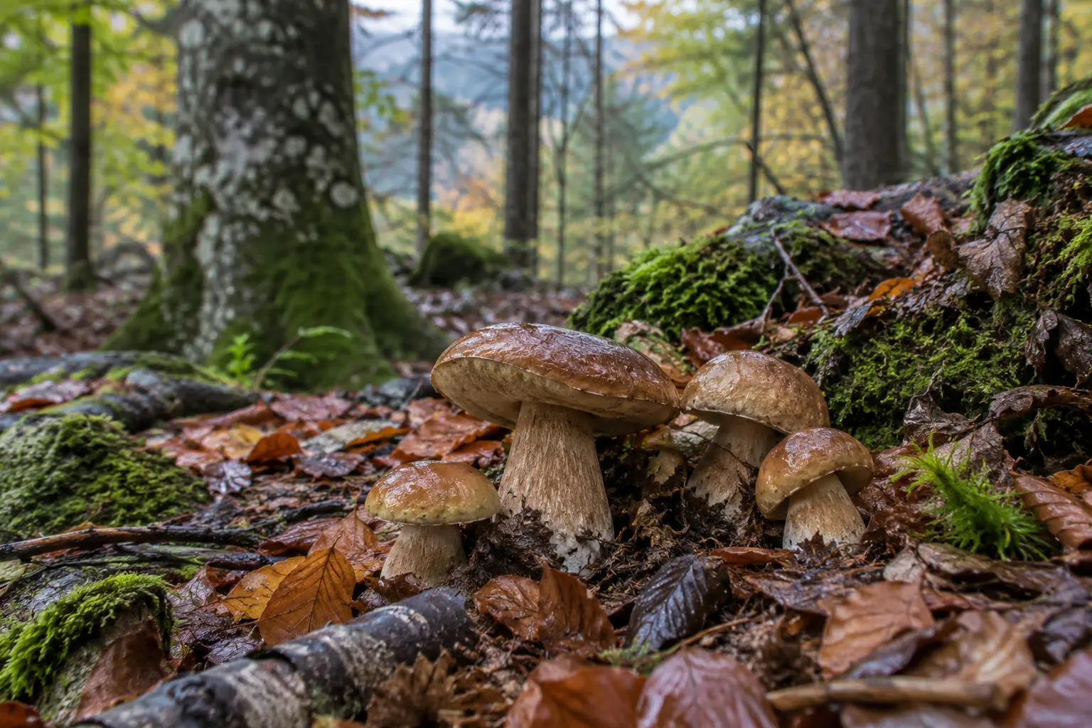 Bolets sobre fullaraca humida en un bosc de tardor, imatge només il·lustrativa