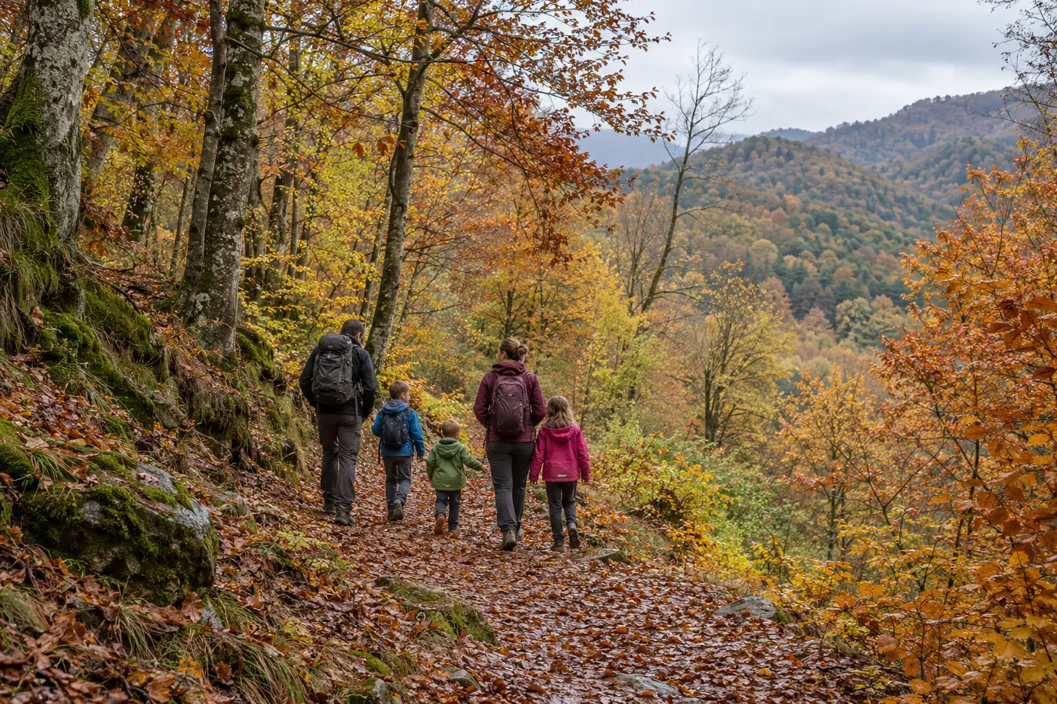 Família caminant per un bosc de tardor del Ripollès, imatge il·lustrativa